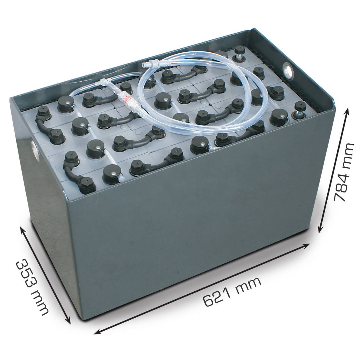 24V Gabelstaplerbatterie 4 PzS 620 Ah DIN B (625 * 357 * 784mm L/B/H) Trog 57014178 inkl. Aquamatik von Q-Batteries